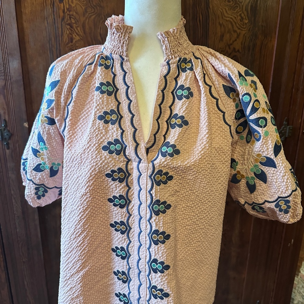 THML Blush Pink Embroidered Tunic with Navy & Teal Accents
